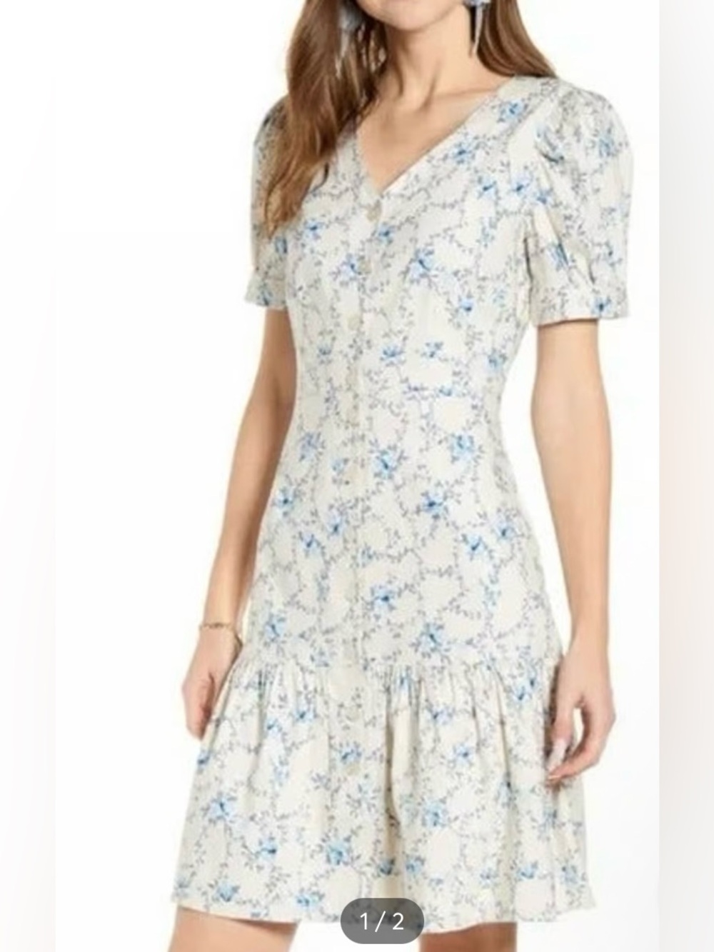 Rachel Parcell Floral Print Button-Up Puff Sleeve Dress Ruffle Hem Linen Blend-S